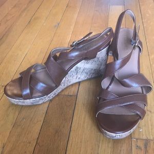 Brown cork heel wedges